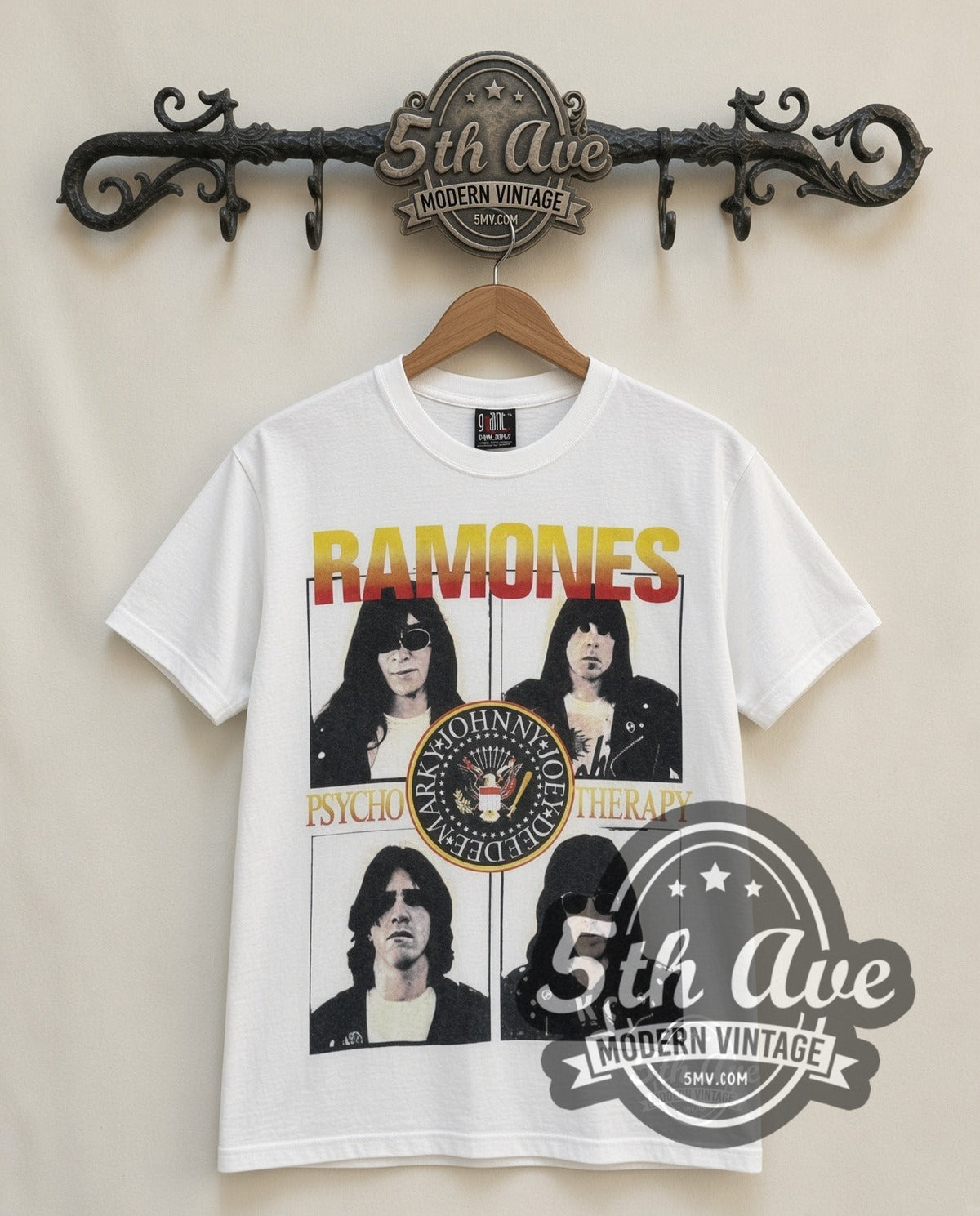Ramones Psycho Therapy vintage band t-shirt in white, front view on a display rack