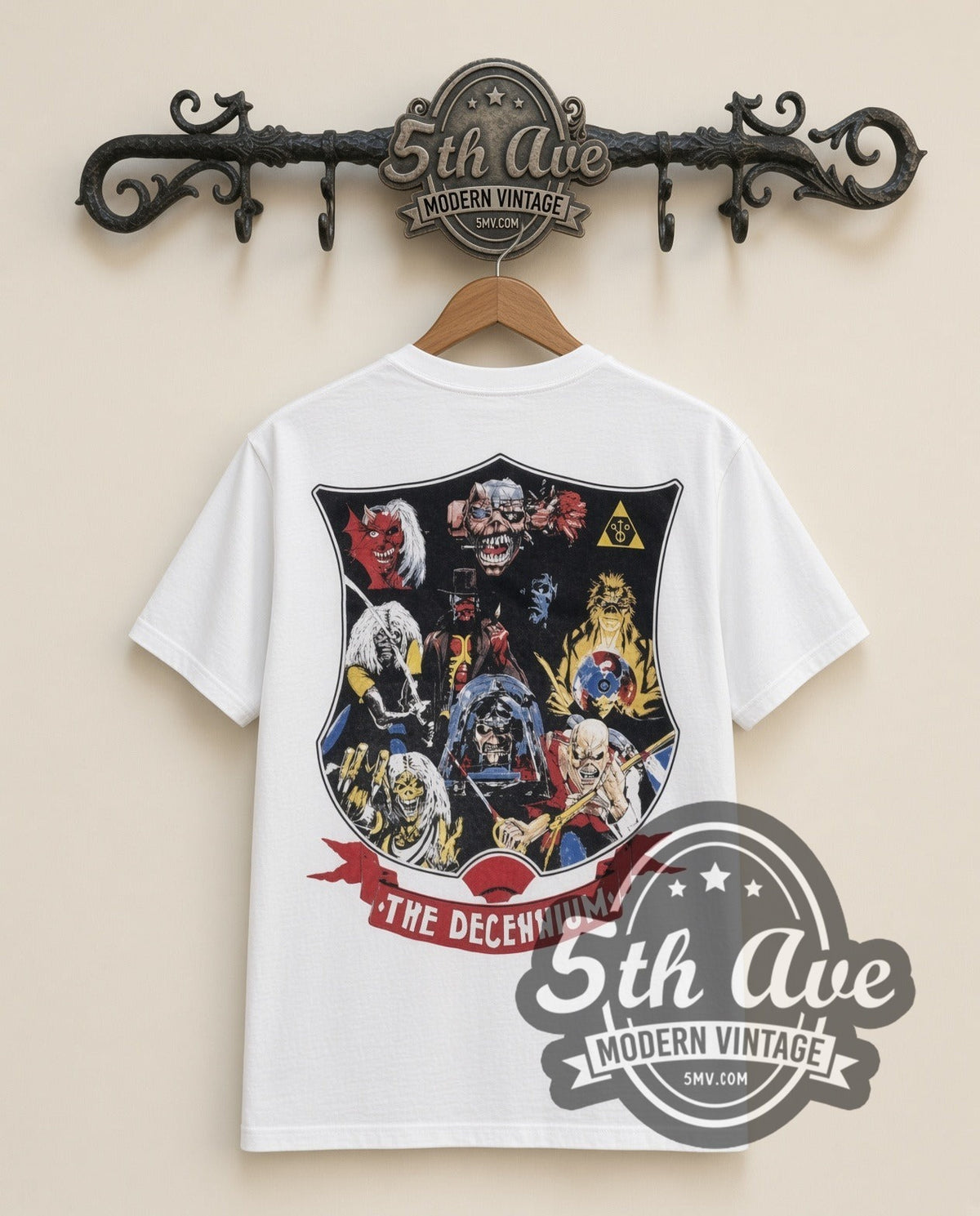 Iron Maiden First Ten Years vintage band t-shirt in white, back view on a display rack