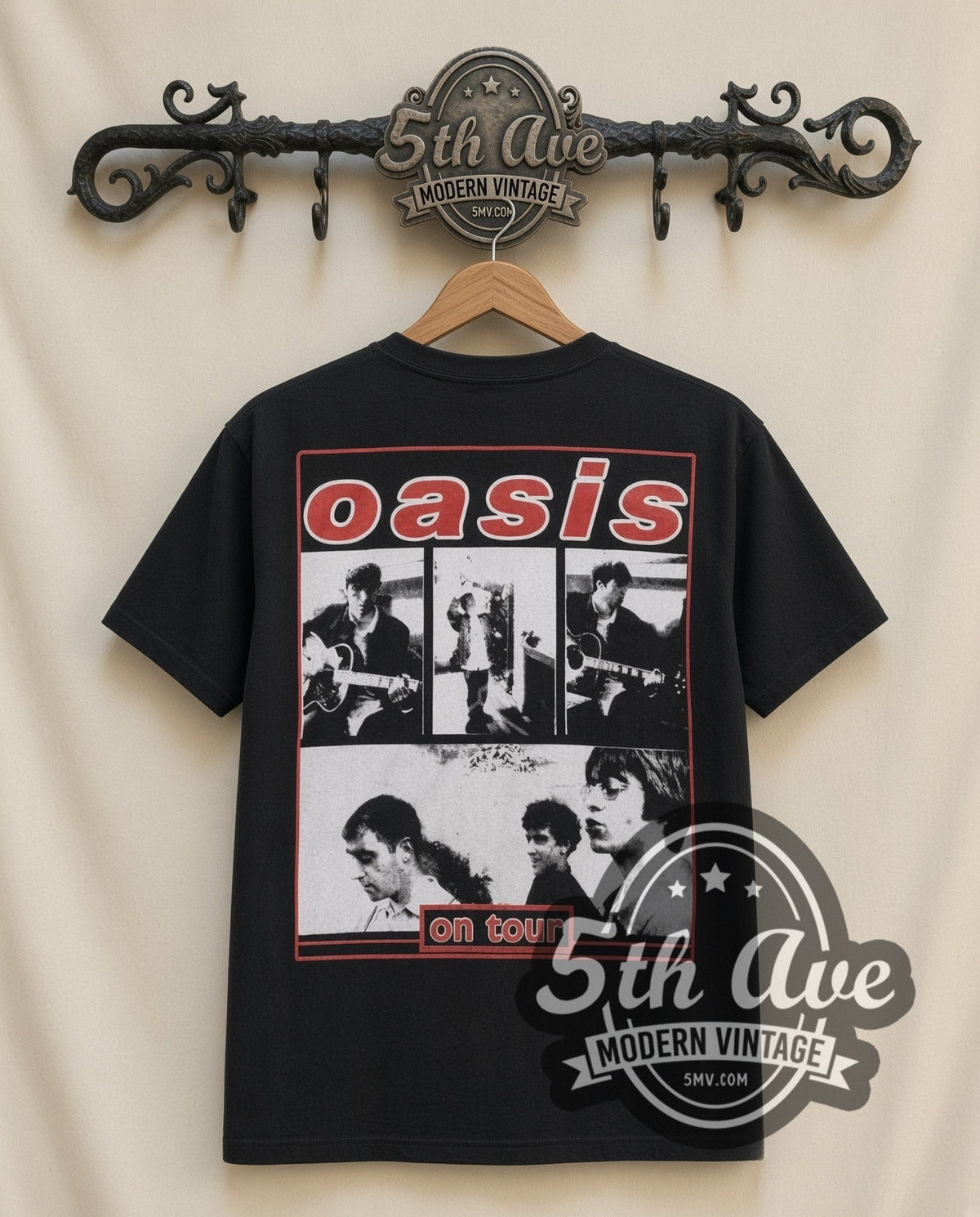 Oasis Swirl Logo vintage band t-shirt in black, back view on a display rack