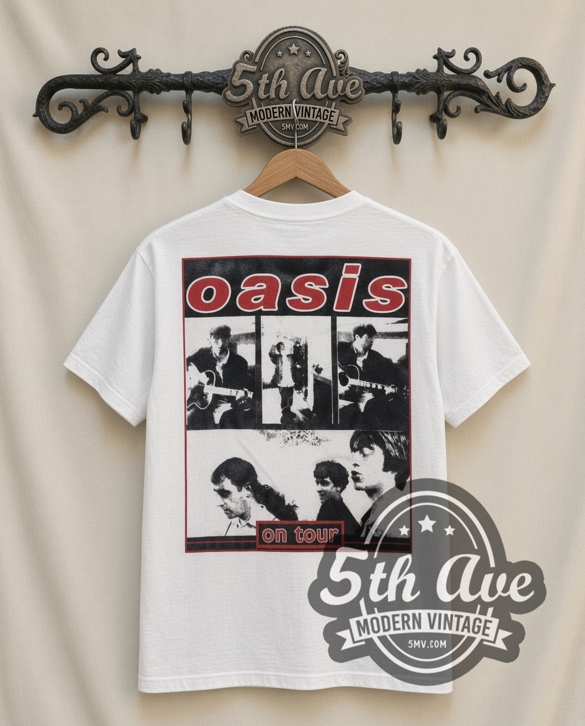 Oasis Swirl Logo vintage band t-shirt in white, back view on the 5MV rack