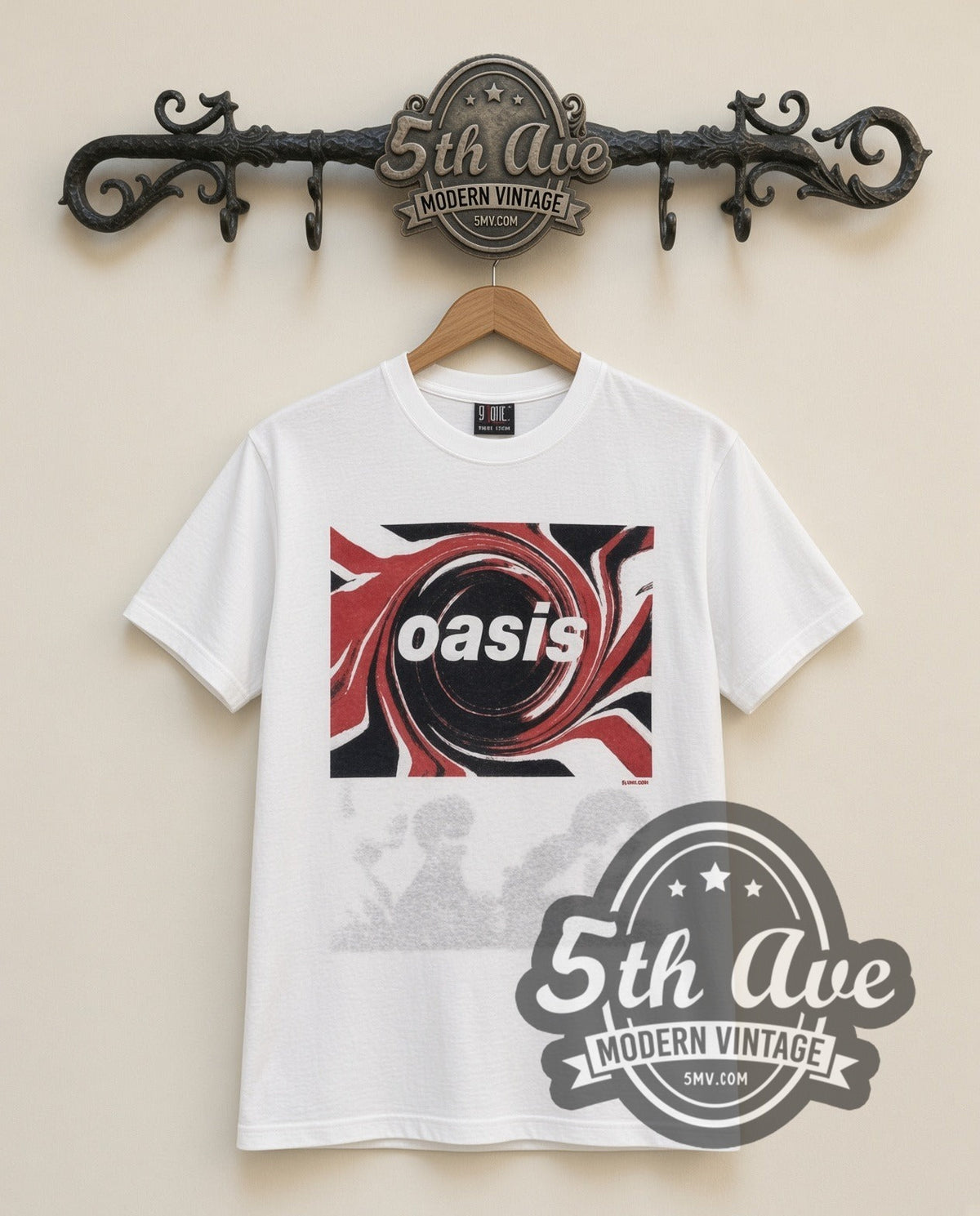 Oasis Swirl Logo vintage band t-shirt in white, front view on the 5MV rack