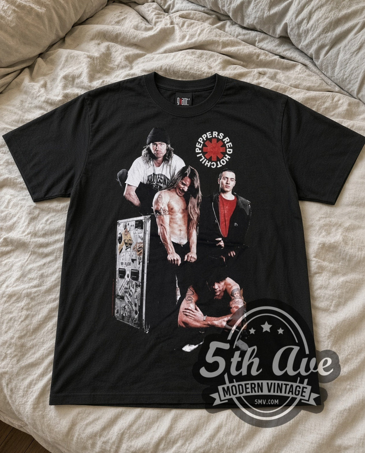 Red Hot Chili Peppers Asterisk Band vintage band t-shirt in black laid flat on a bed, front artwork