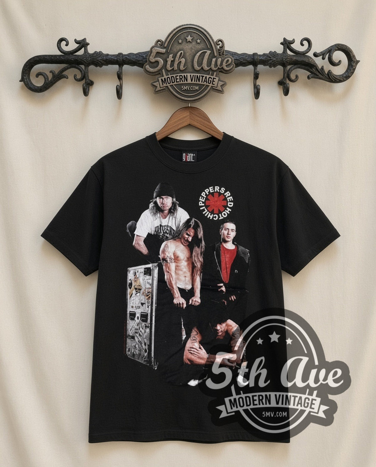 Red Hot Chili Peppers Asterisk Band vintage band t-shirt in black, front view on the 5MV rack