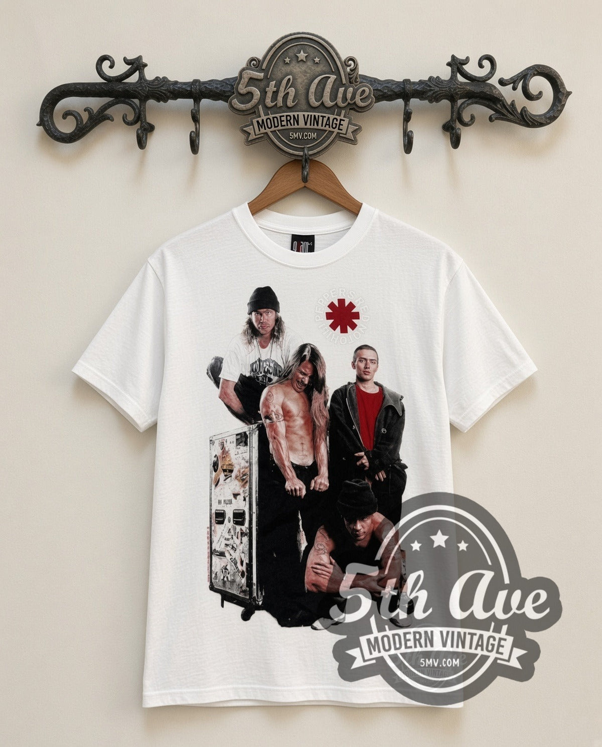 Red Hot Chili Peppers Asterisk Band vintage band t-shirt in white, front view on the 5MV rack