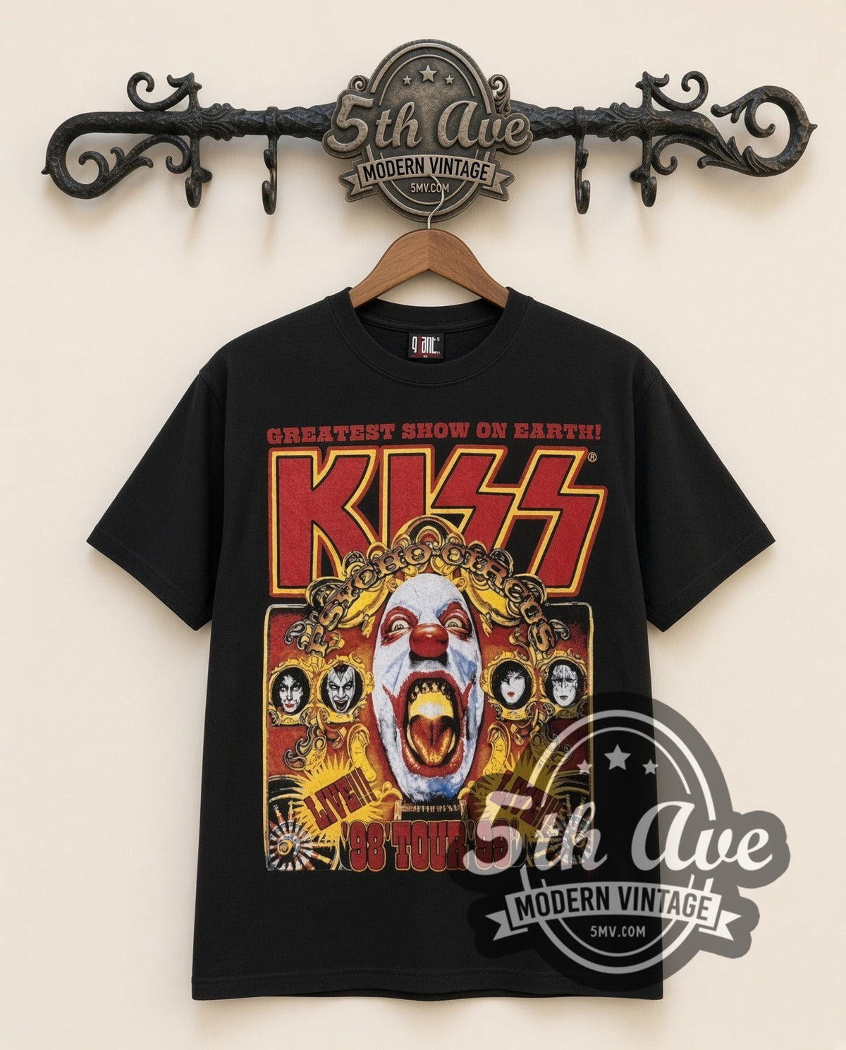 KISS Psycho Circus vintage band t-shirt in black, front view on a display rack