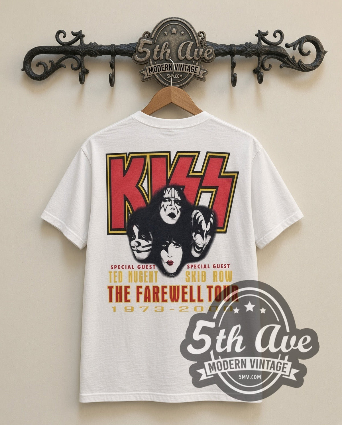 KISS Psycho Circus vintage band t-shirt in white, back view on a display rack