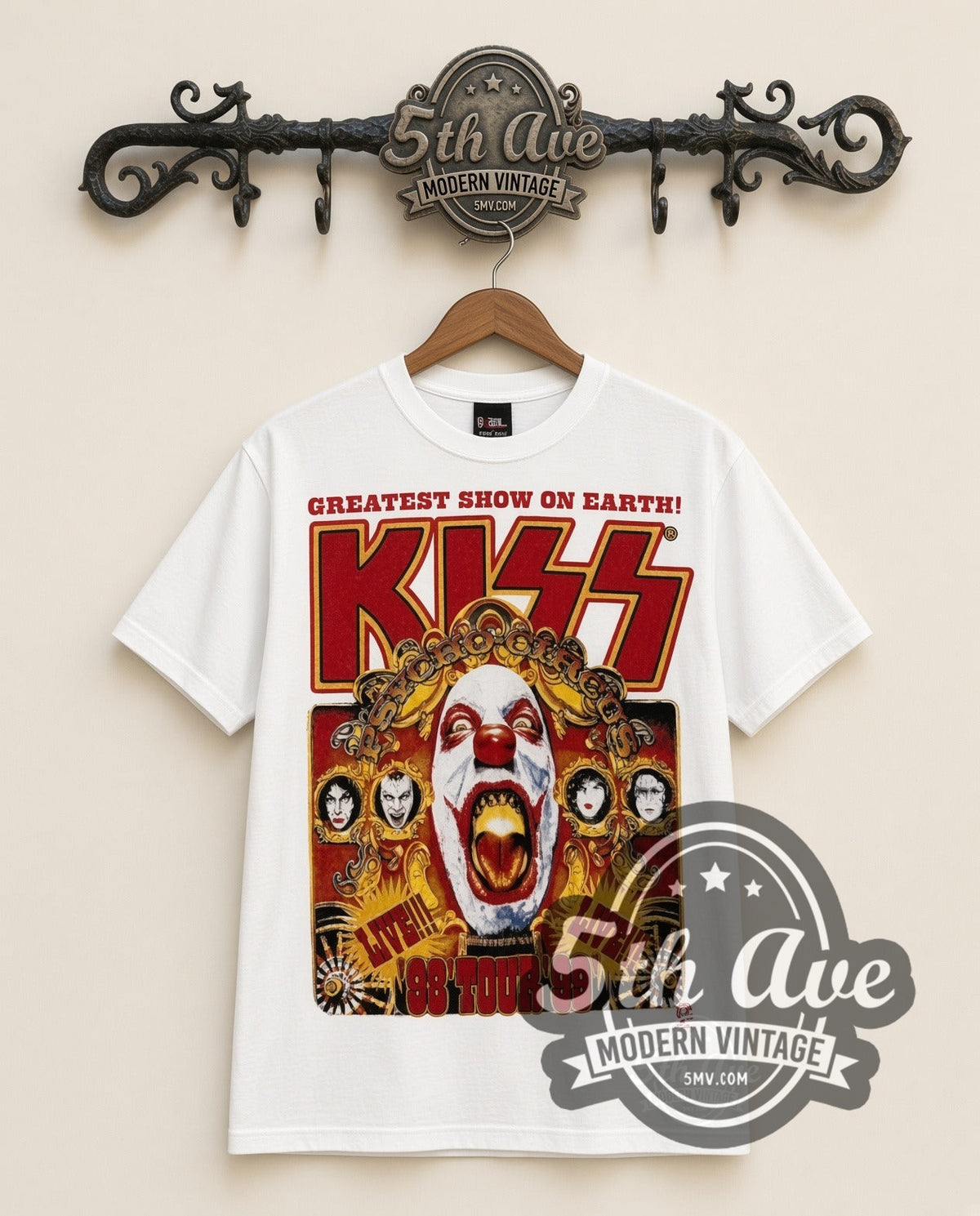 KISS Psycho Circus vintage band t-shirt in white, front view on a display rack