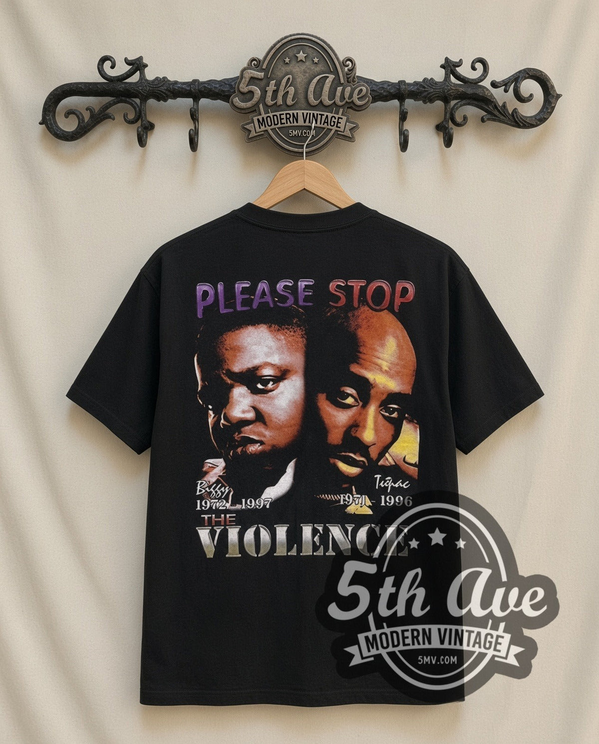 The Notorious B.I.G. & Makaveli In Memory Of vintage rap tee in black, back view on a display rack
