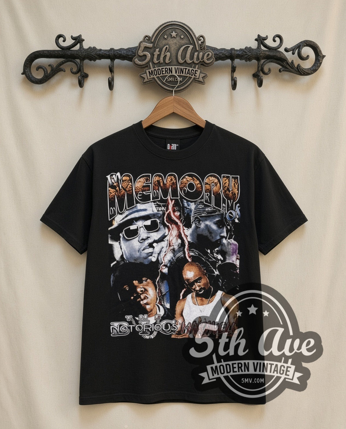 The Notorious B.I.G. & Makaveli In Memory Of vintage rap tee in black, front view on a display rack