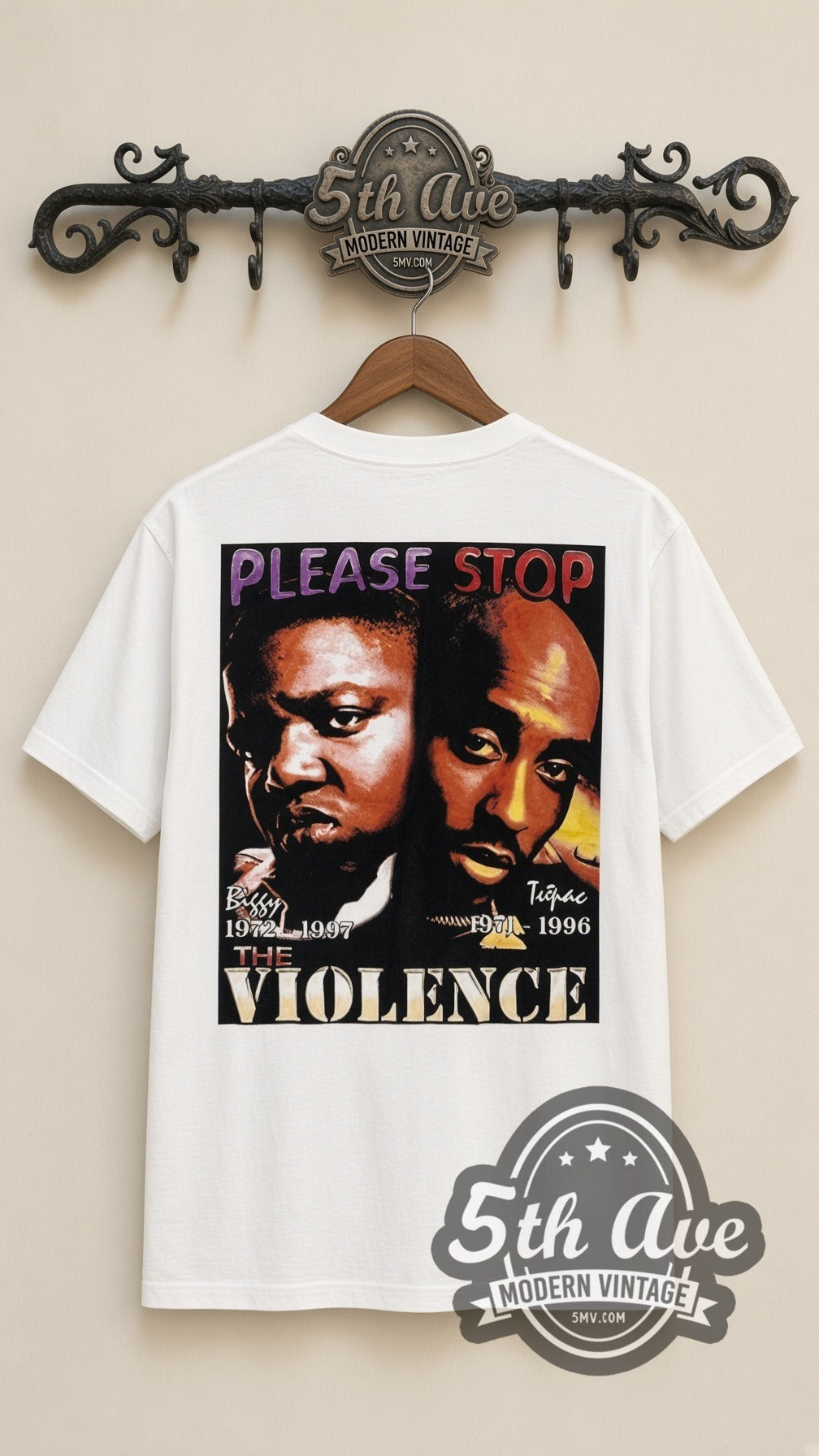 The Notorious B.I.G. & Makaveli In Memory Of vintage rap tee in white, back view on the 5MV rack