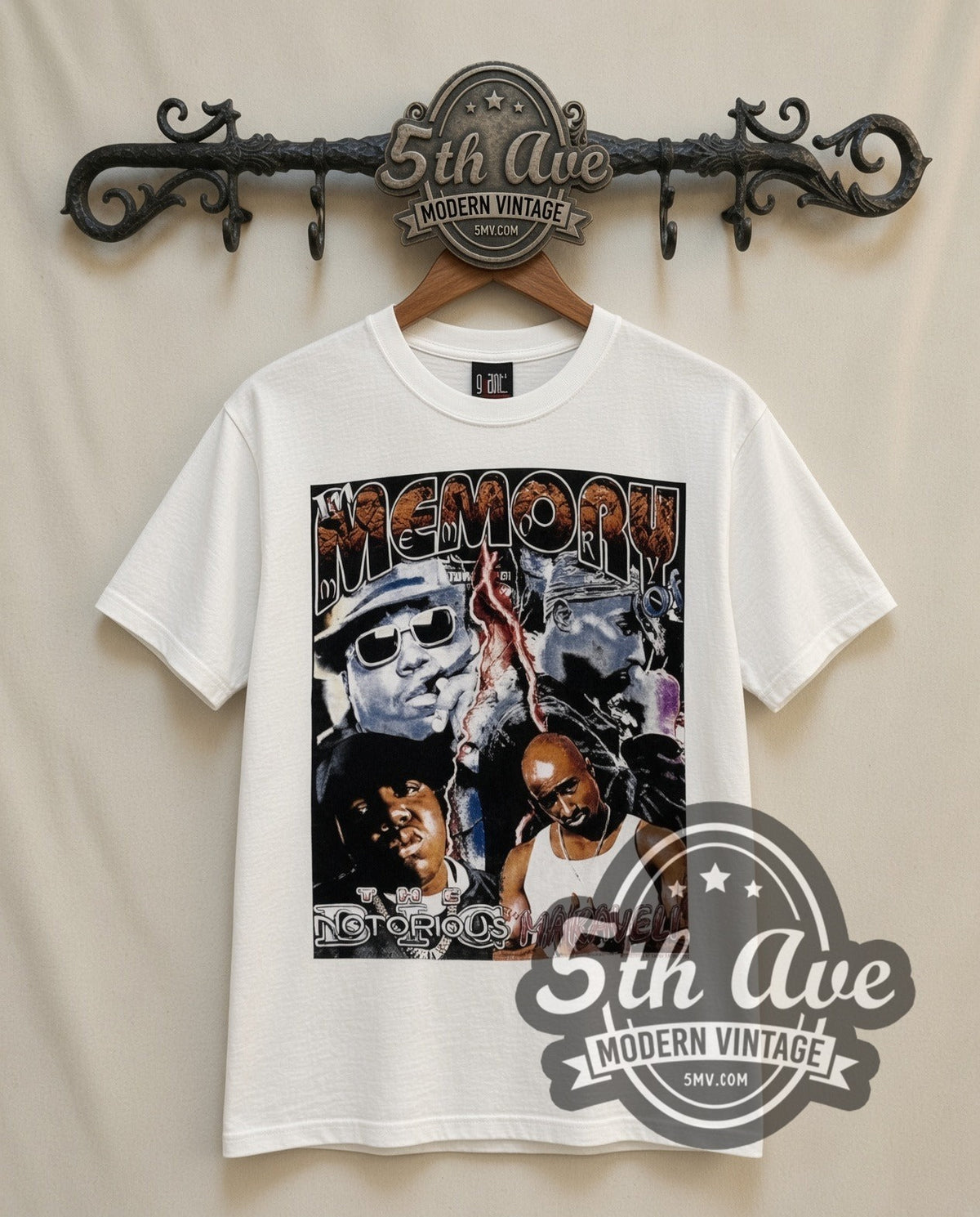The Notorious B.I.G. & Makaveli In Memory Of vintage rap tee in white, front view on the 5MV rack