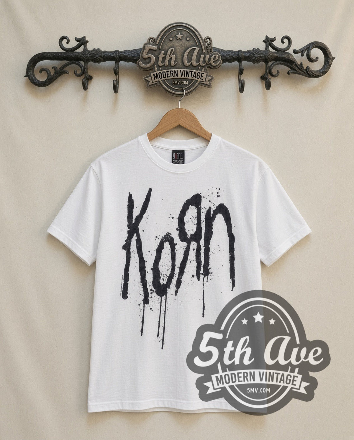 Korn Drip Logo vintage band t-shirt in white, front view on a display rack