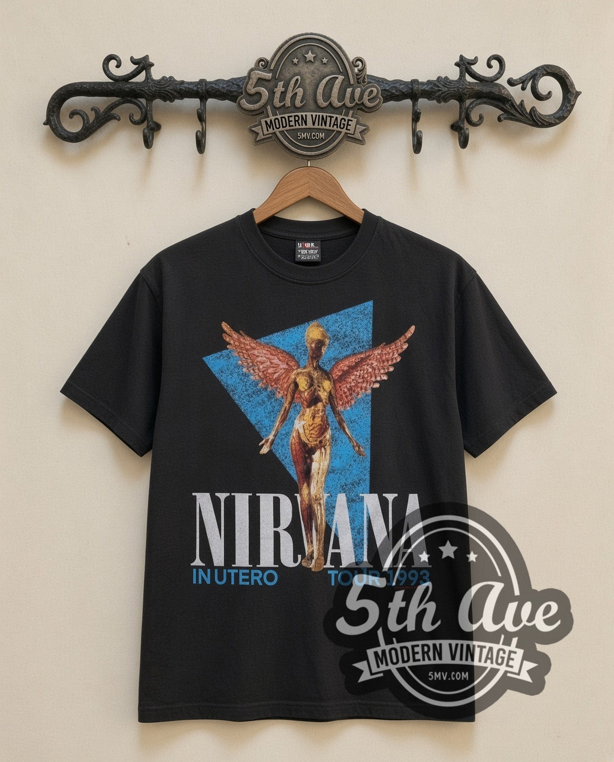 Nirvana In Utero Angel 1993 vintage band t-shirt in black, front view on the 5MV rack