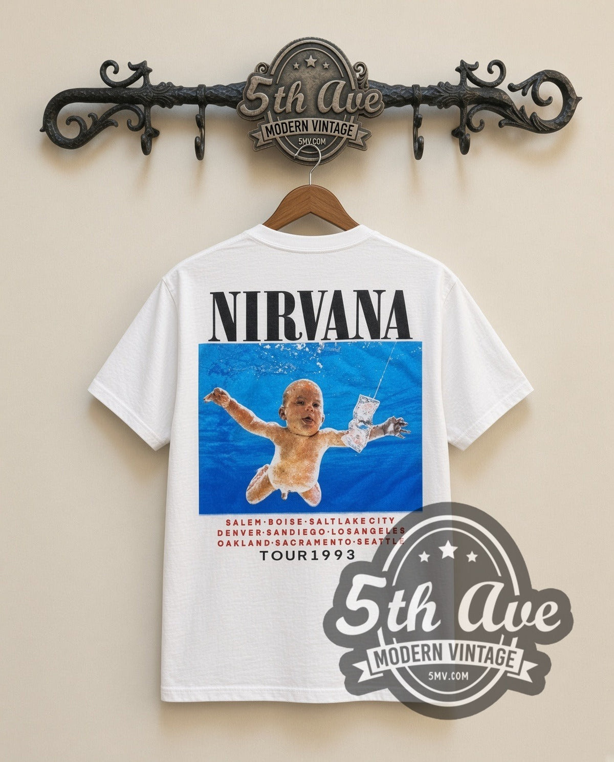 Nirvana In Utero Angel 1993 vintage band t-shirt in white, back view on a display rack