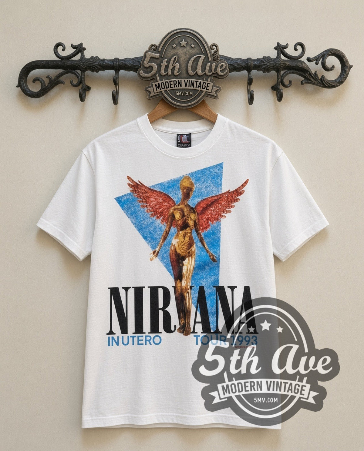 Nirvana In Utero Angel 1993 vintage band t-shirt in white, front view on a display rack