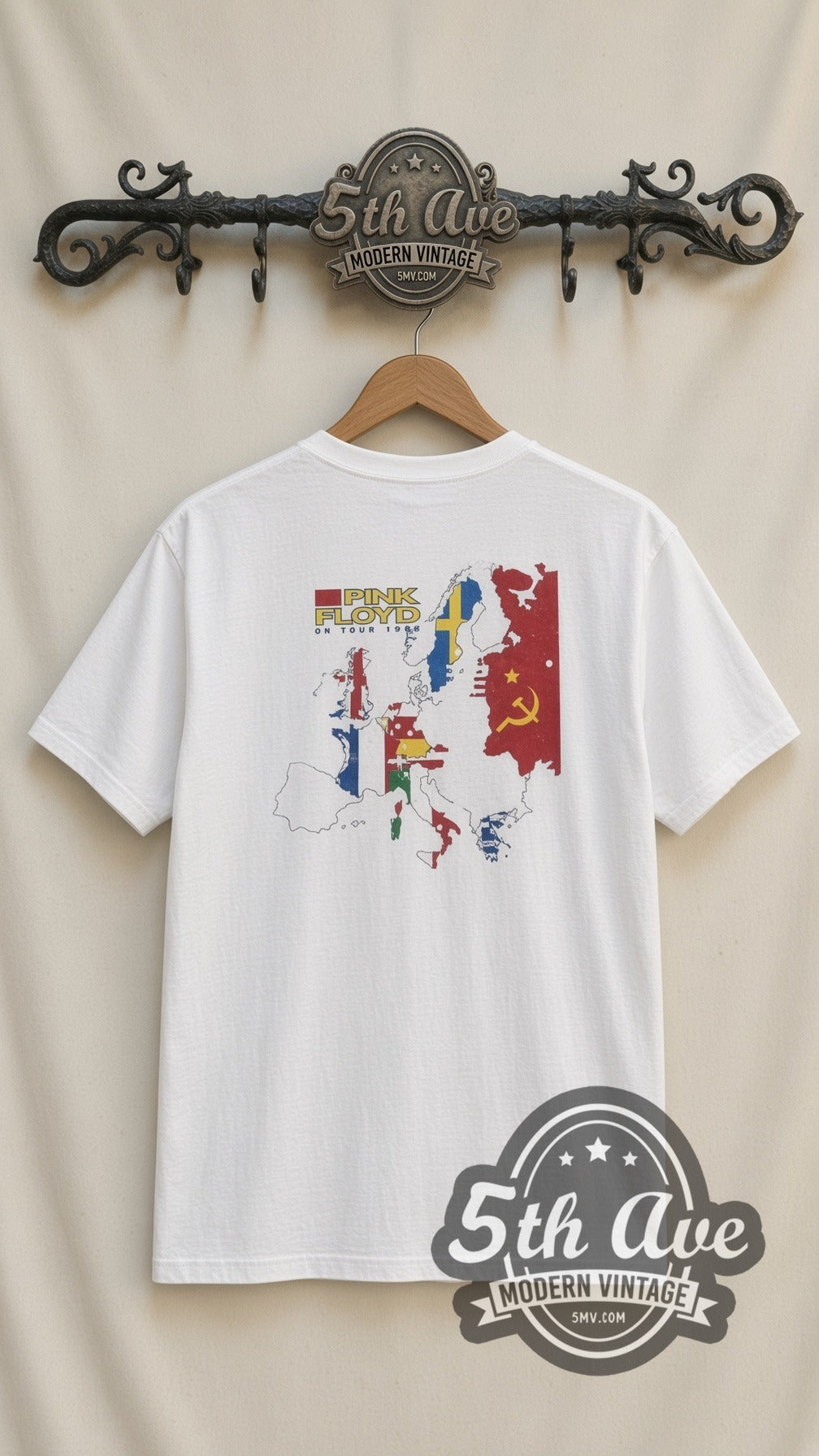 Pink Floyd Figure vintage band t-shirt in white, back view on a display rack