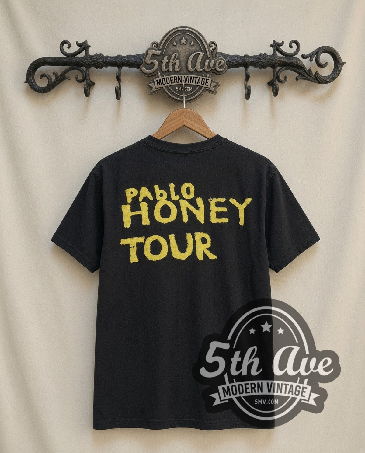 Radiohead Pablo Honey vintage band t-shirt in black, back view on the 5MV rack