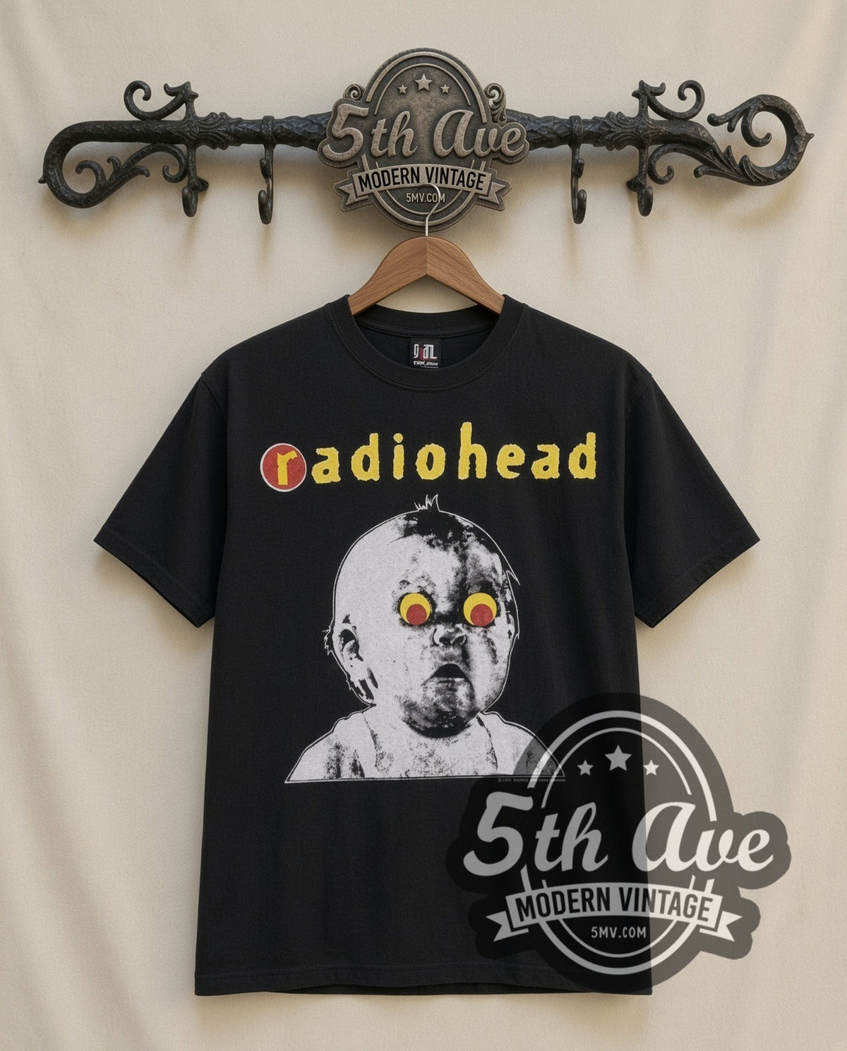 Radiohead Pablo Honey vintage band t-shirt in black, front view on the 5MV rack