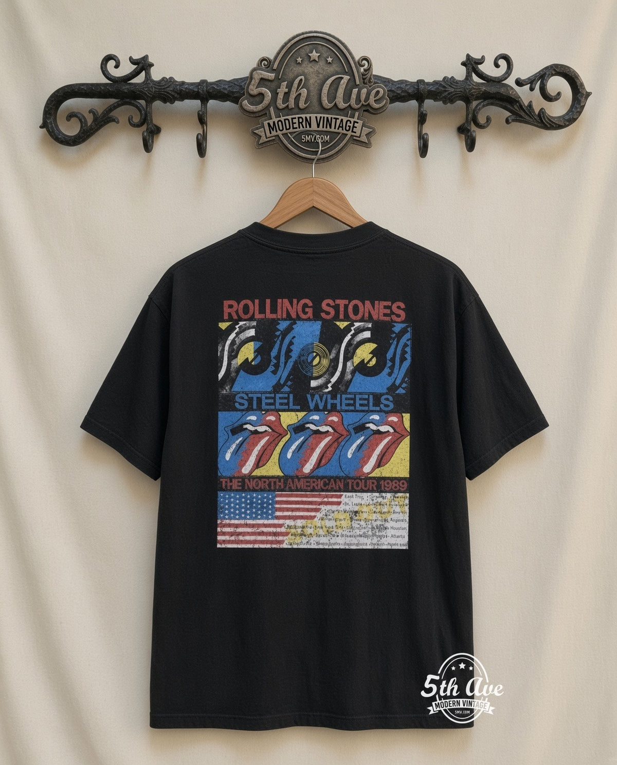Rolling Stones Steel Wheels Band vintage band t-shirt in black, back view on a display rack