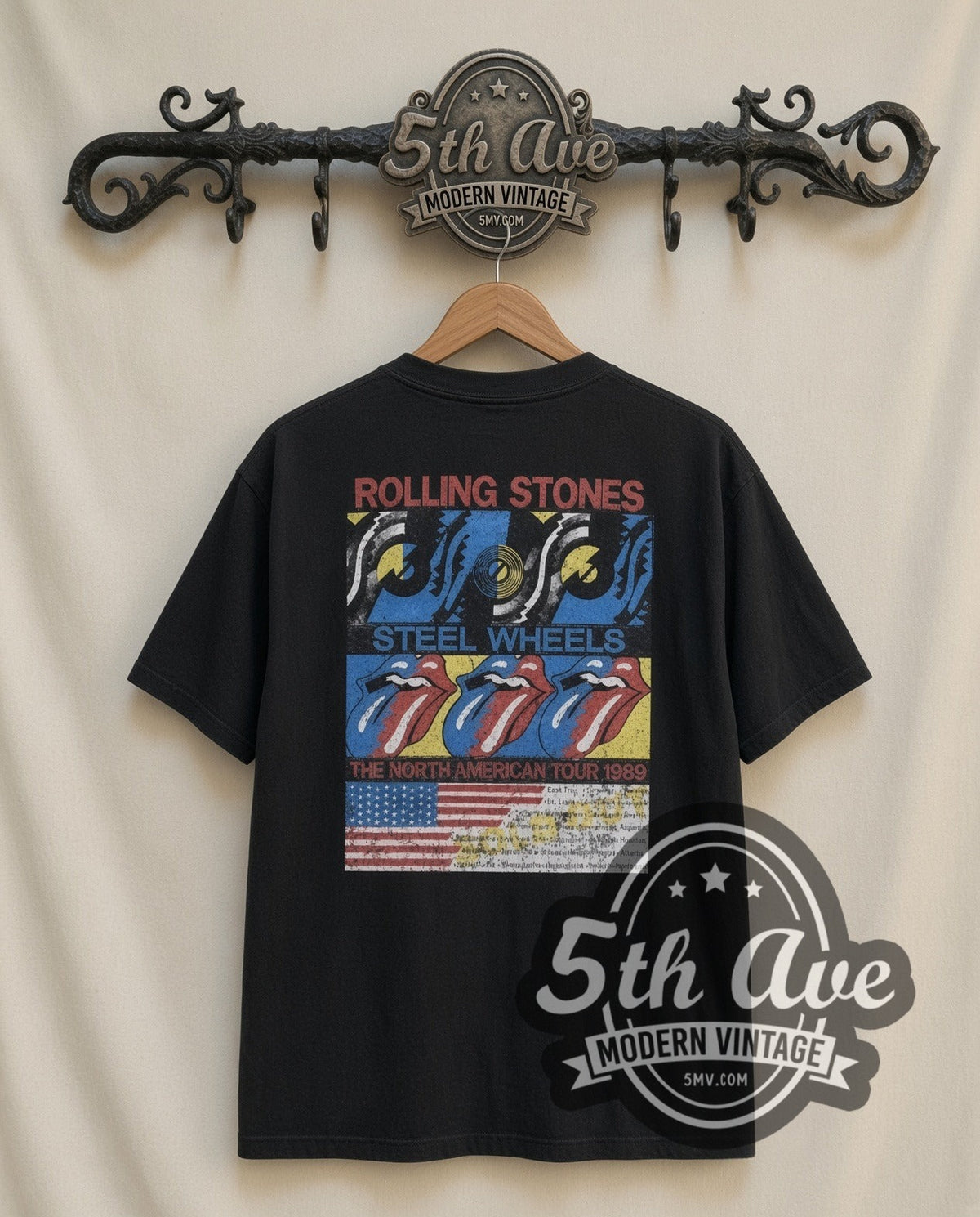 Rolling Stones Steel Wheels Band vintage band t-shirt in black, back view on a display rack
