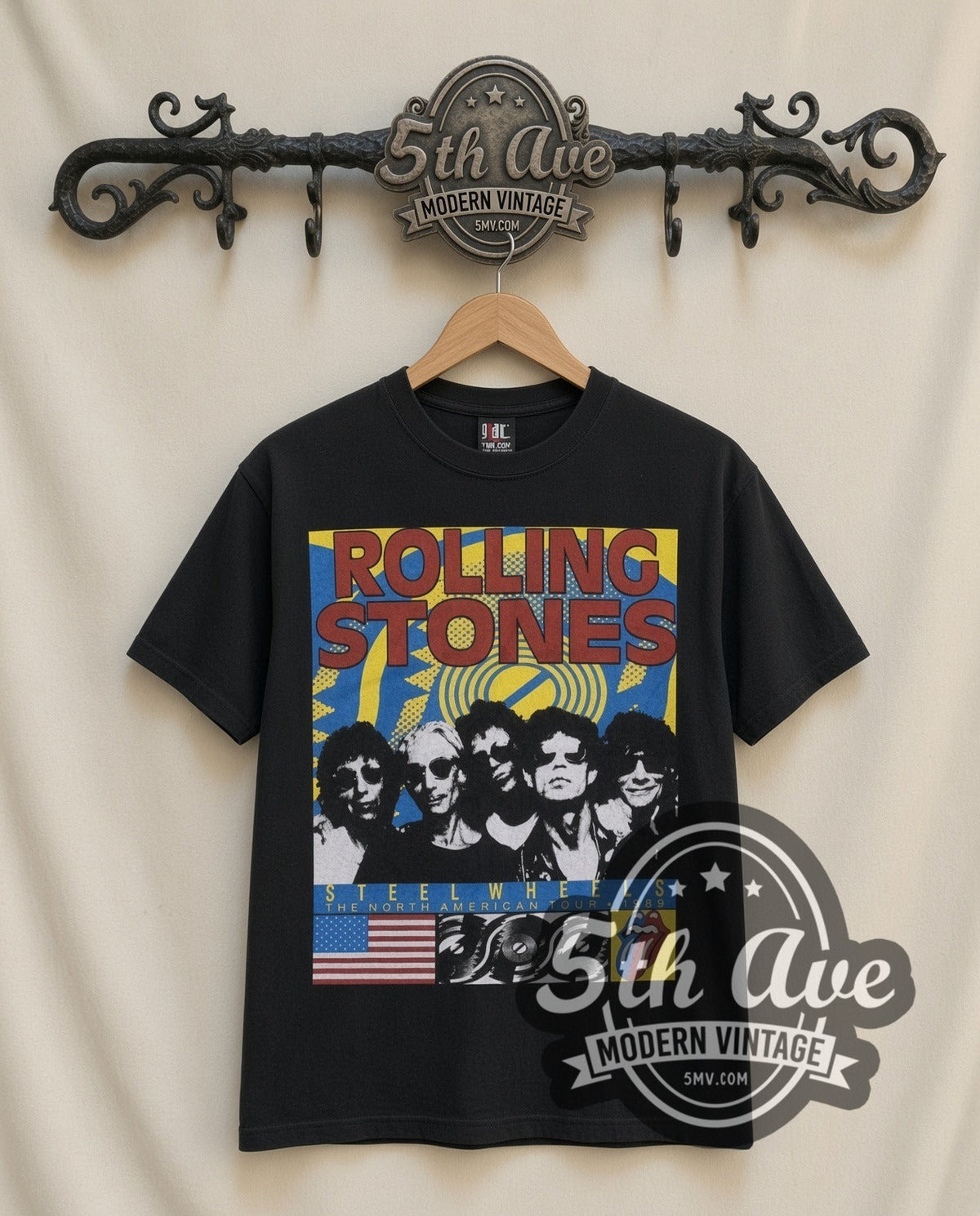 Rolling Stones Steel Wheels Band vintage band t-shirt in black, front view on a display rack