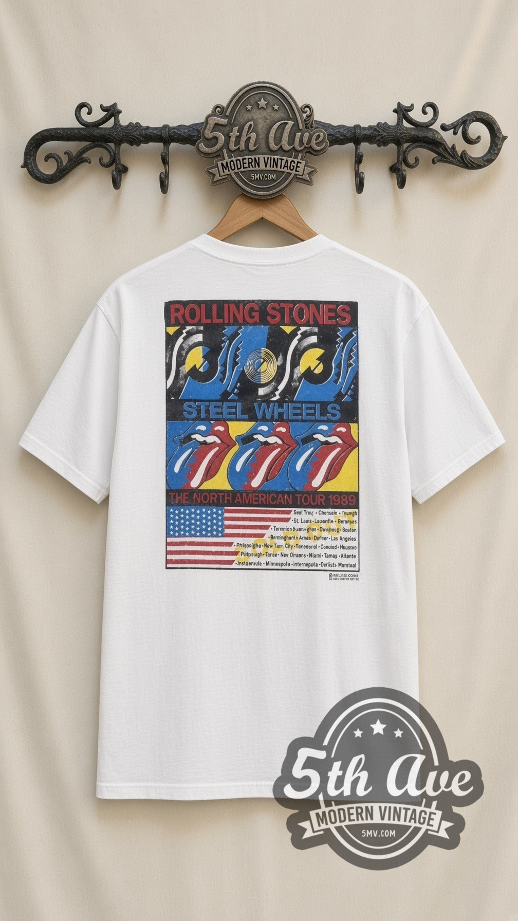 Rolling Stones Steel Wheels Band vintage band t-shirt in white, back view on a display rack