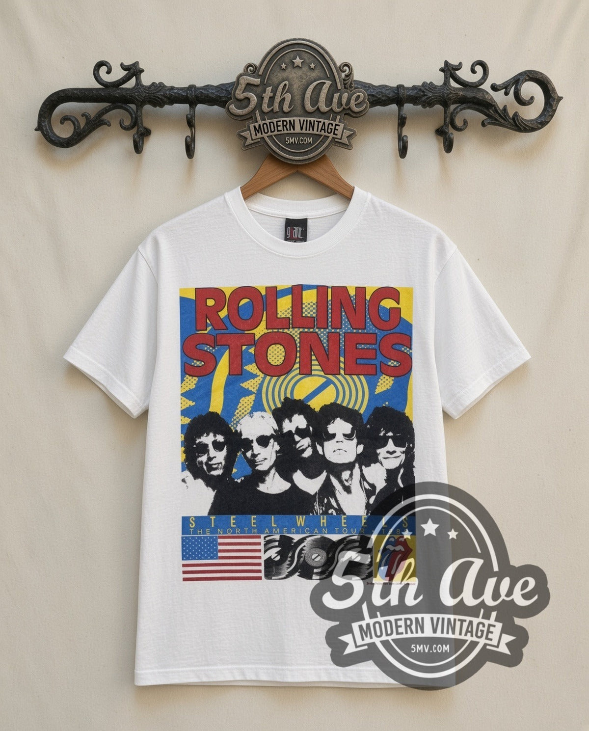 Rolling Stones Steel Wheels Band vintage band t-shirt in white, front view on a display rack