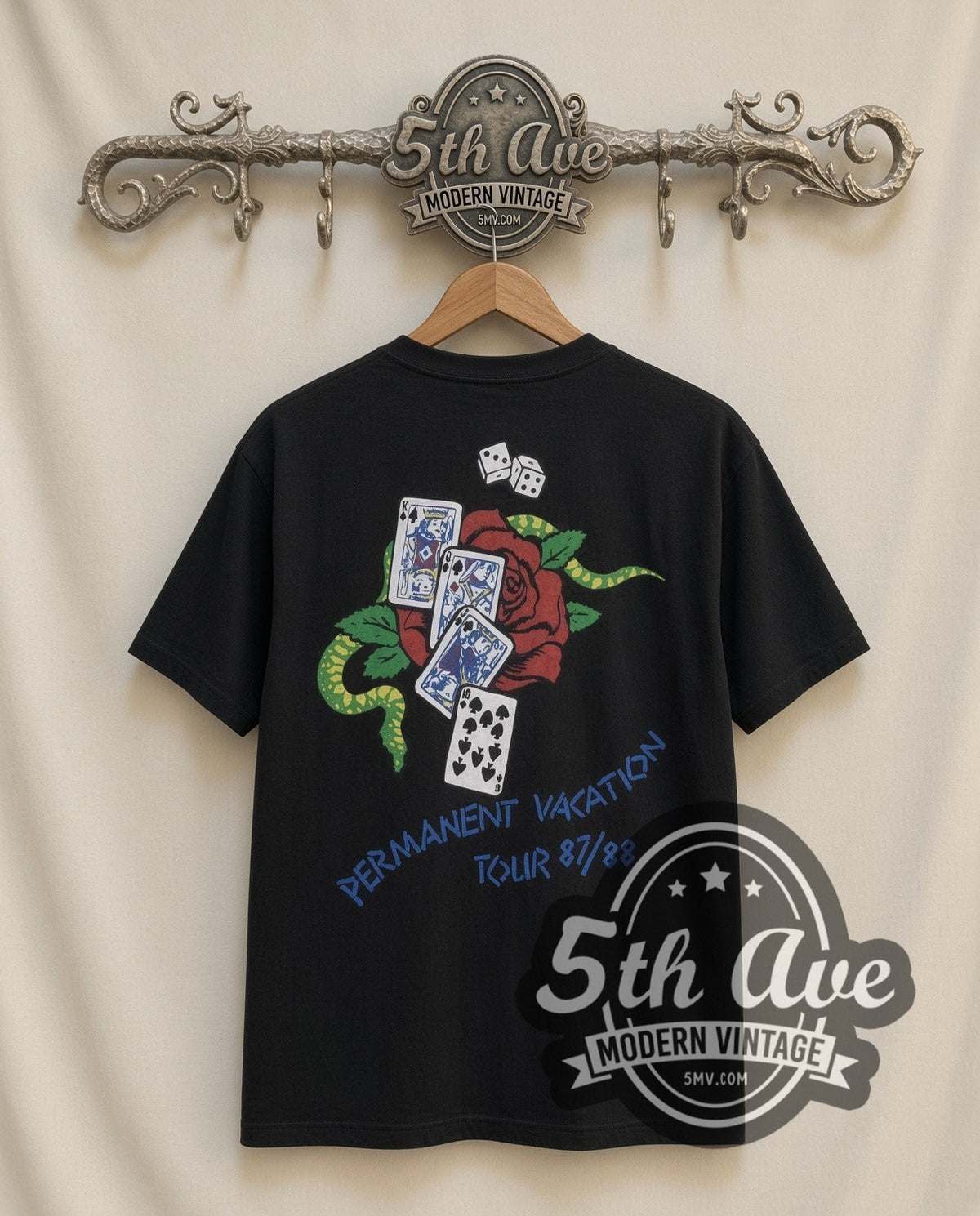 Aerosmith Band Photo vintage band t-shirt in black, back view on a display rack