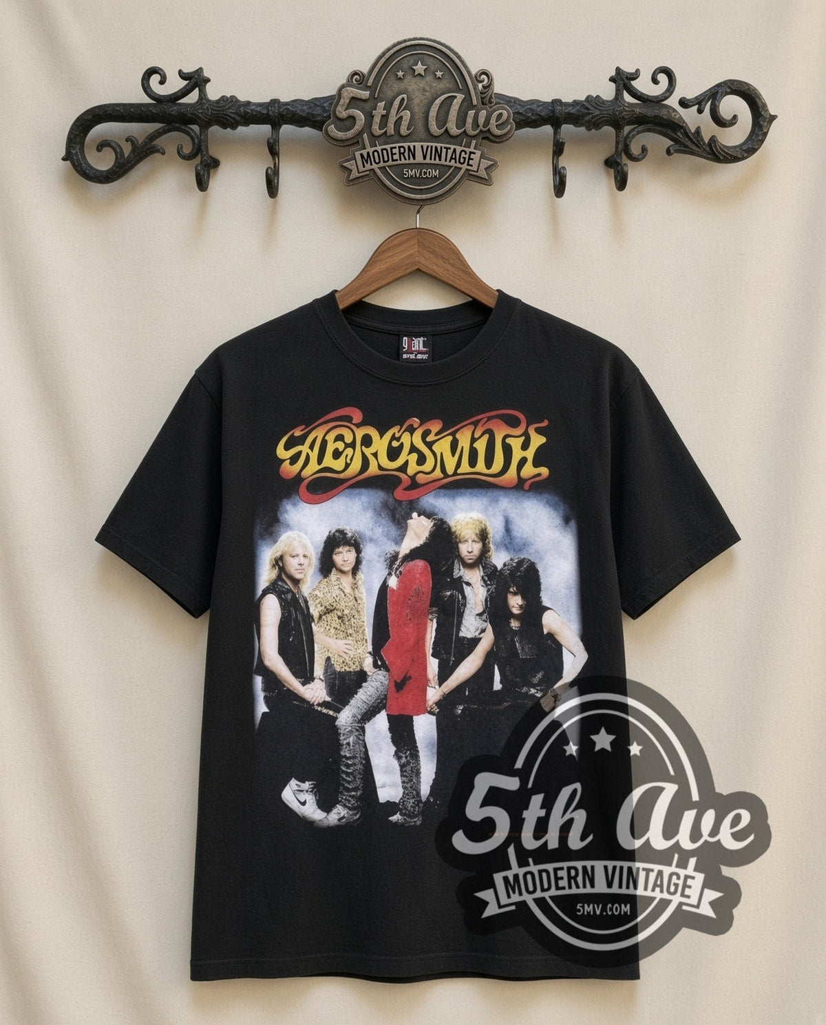 Aerosmith Band Photo vintage band t-shirt in black, front view on a display rack