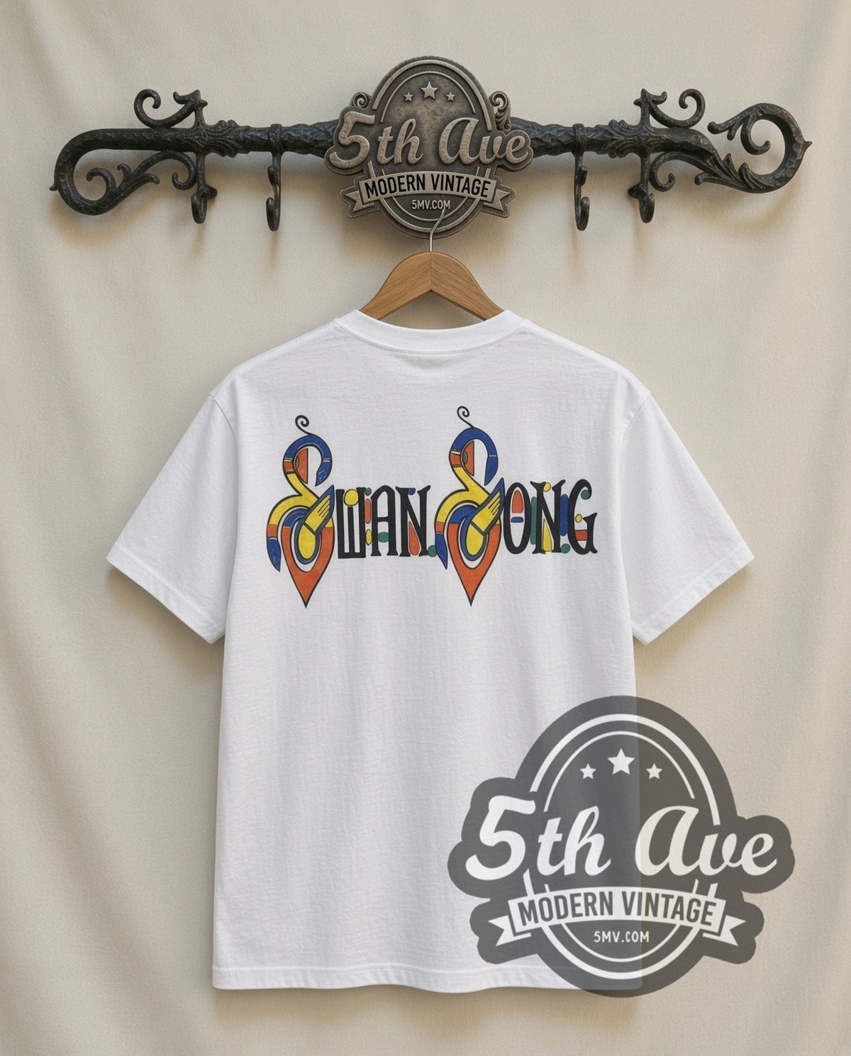 Led Zeppelin Swan Song vintage band t-shirt in white, back view on the 5MV rack