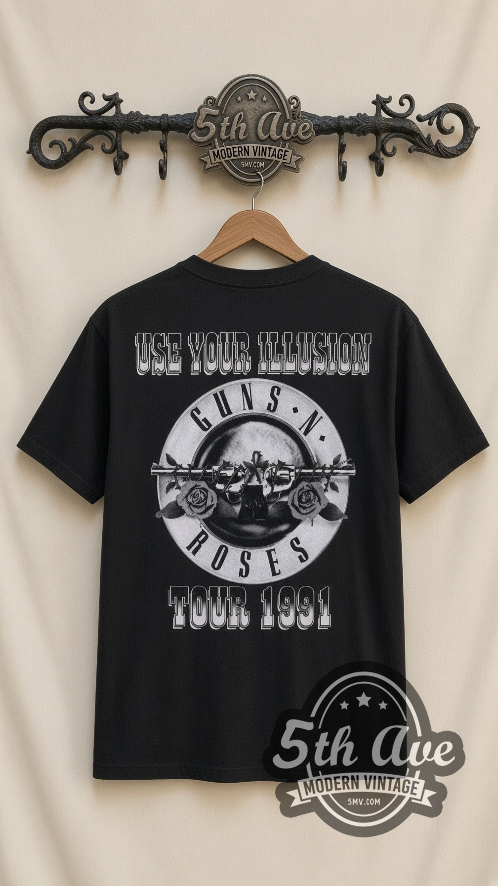 Guns N Roses Appetite Group vintage band t-shirt in black, back view on a display rack