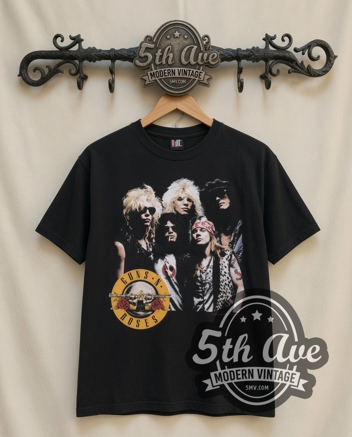 Guns N Roses Appetite Group vintage band t-shirt in black, front view on a display rack