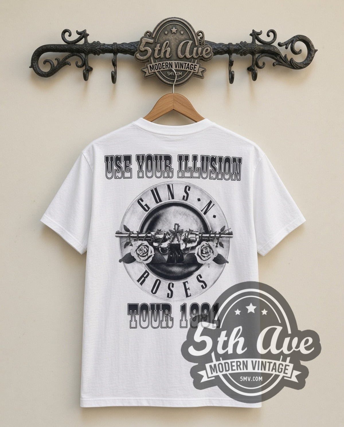 Guns N Roses Appetite Group vintage band t-shirt in white, back view on the 5MV rack