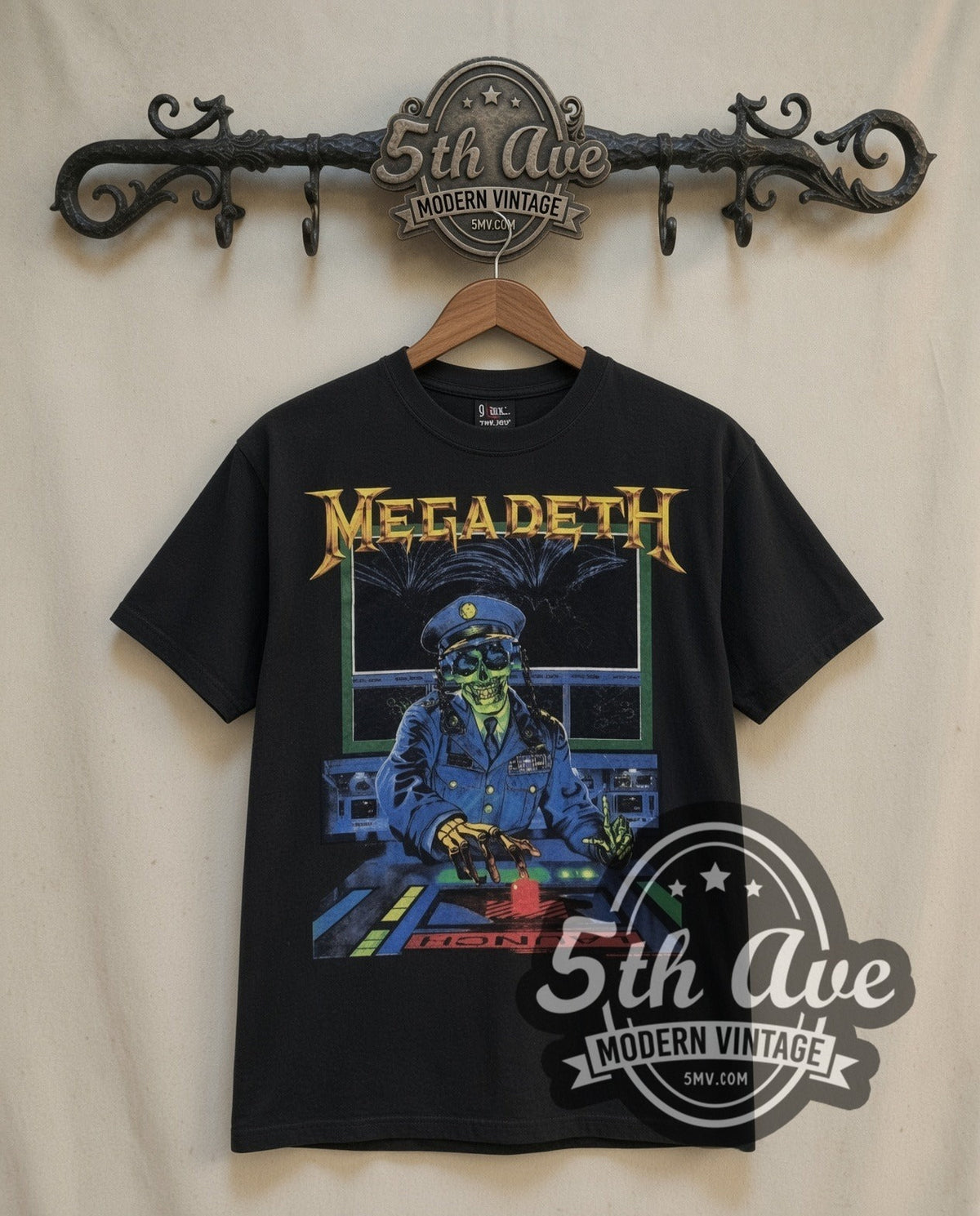 Megadeth Rust in Peace vintage band t-shirt in black, front view on the 5MV rack