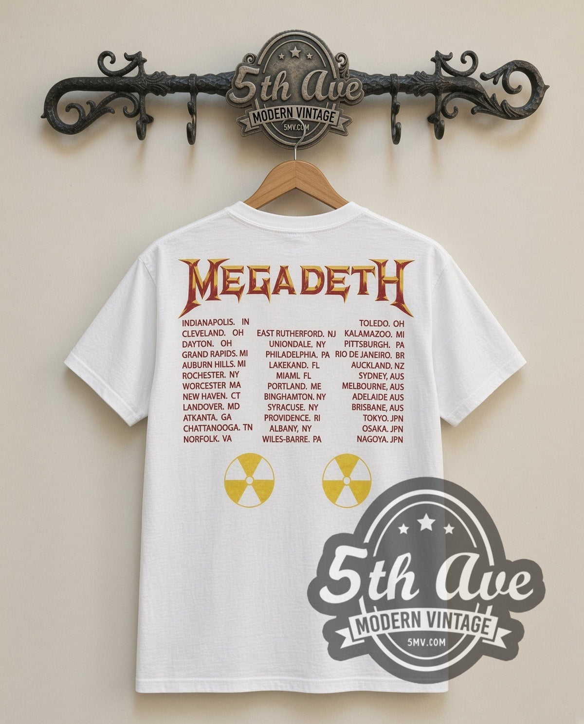Megadeth Rust in Peace vintage band t-shirt in white, back view on a display rack