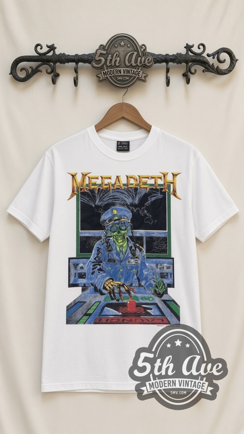 Megadeth Rust in Peace vintage band t-shirt in white, front view on a display rack