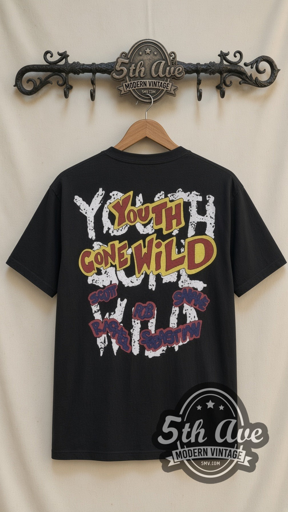 Skid Row Youth Gone Wild vintage band t-shirt in black, back view on a display rack
