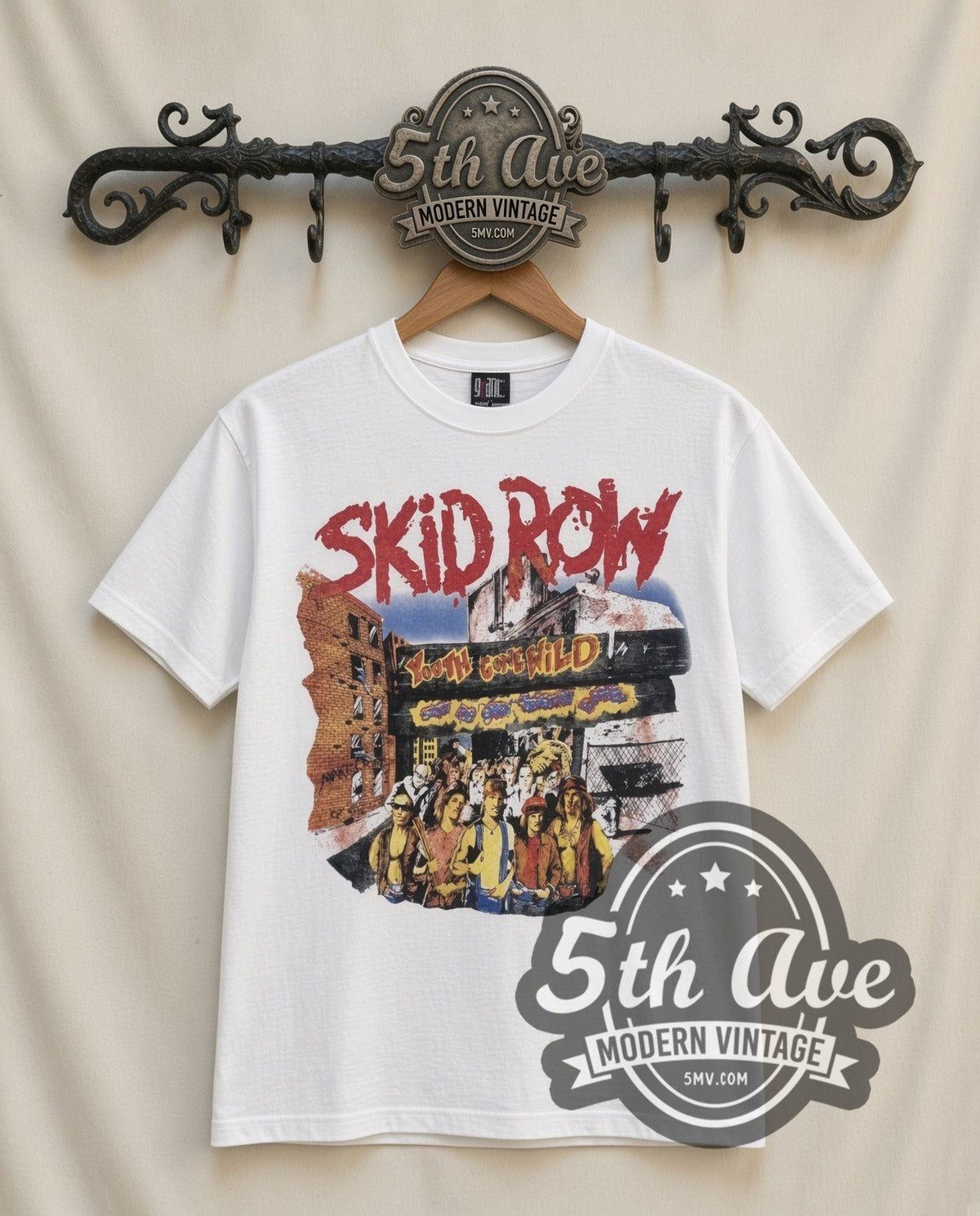 Skid Row Youth Gone Wild vintage band t-shirt in white, front view on a display rack