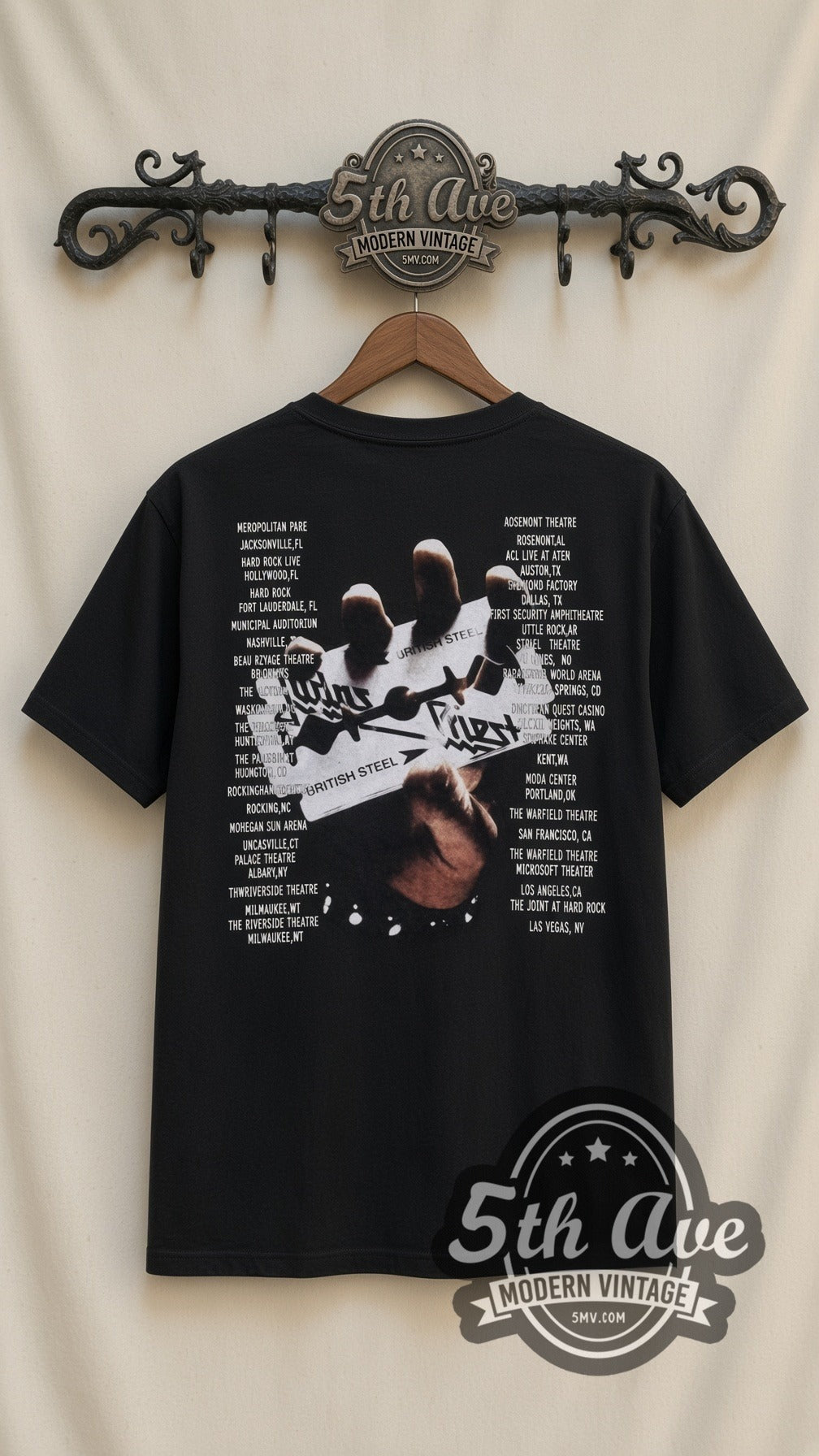 Judas Priest Firepower 2018 vintage band t-shirt in black, back view on a display rack
