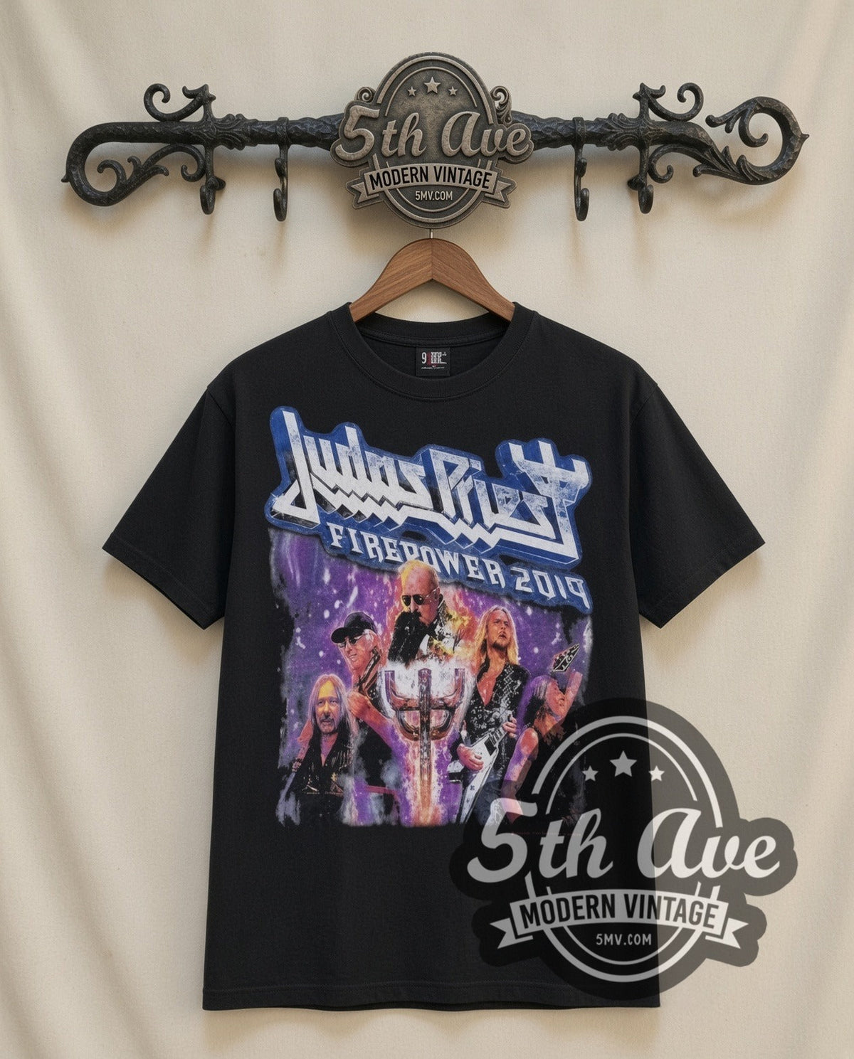Judas Priest Firepower 2018 vintage band t-shirt in black, front view on a display rack