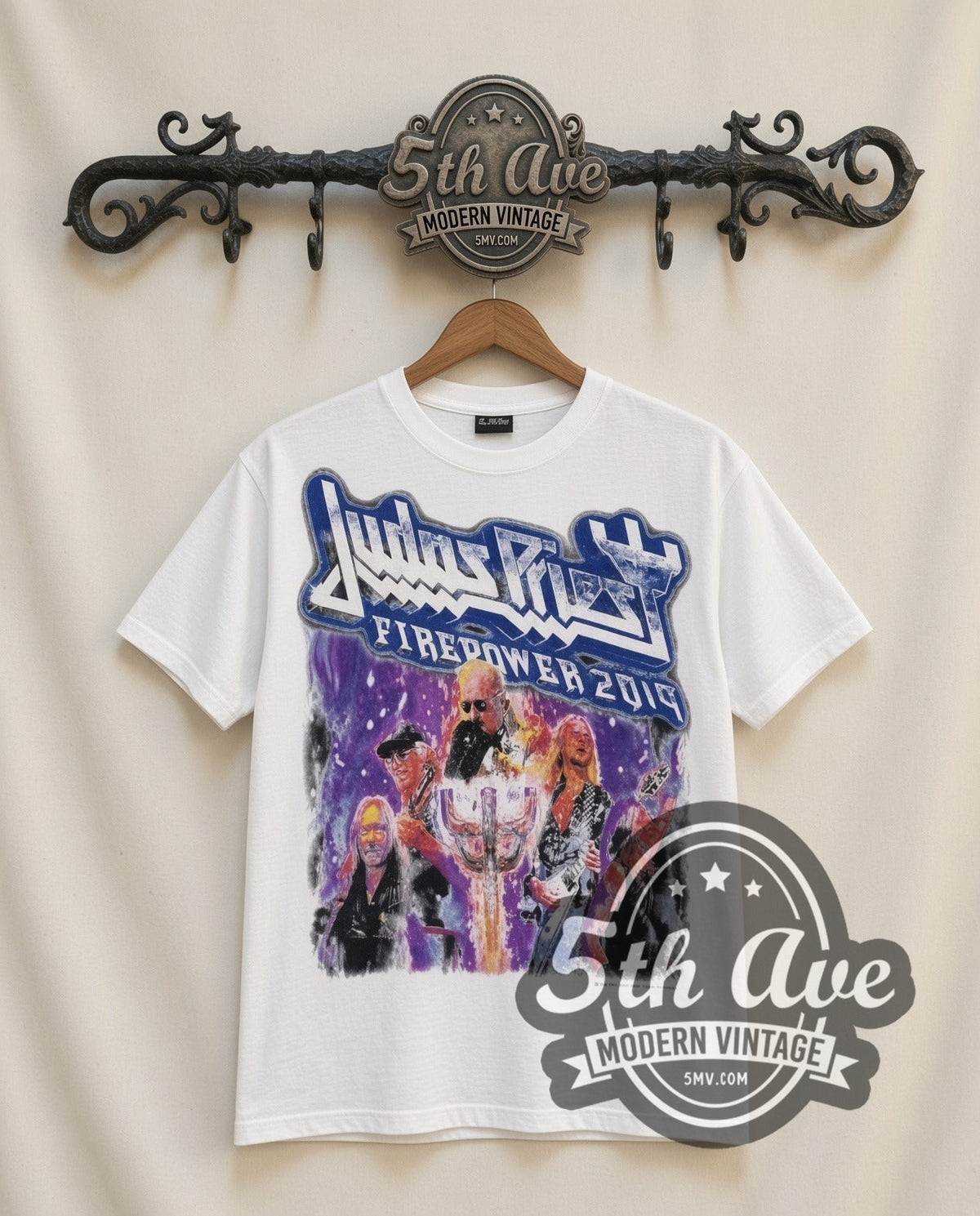 Judas Priest Firepower 2019 vintage band t-shirt in white, front view on a display rack