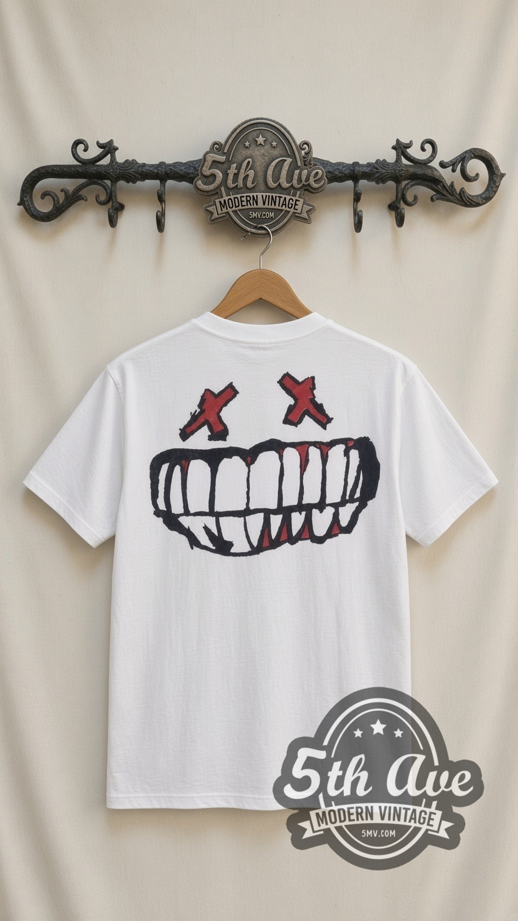 Green Day Smiley vintage band t-shirt in white, back view on a display rack