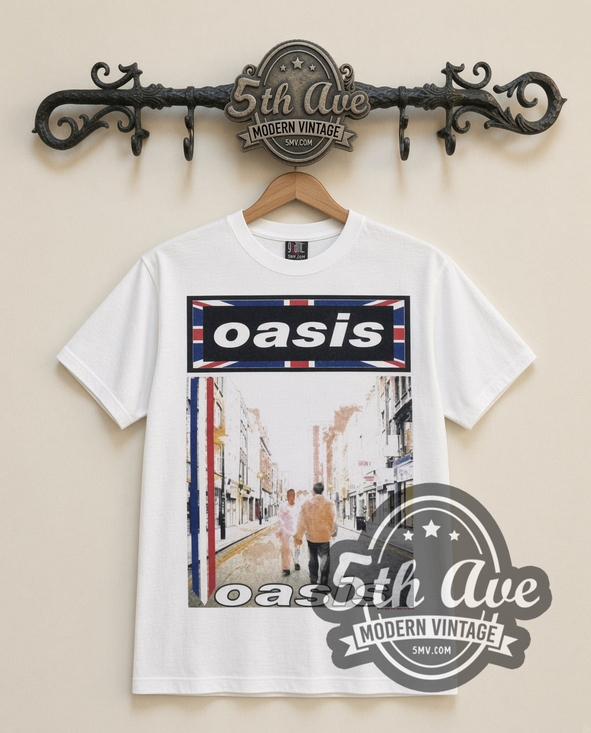 Oasis Street vintage band t-shirt in white, front view on a display rack