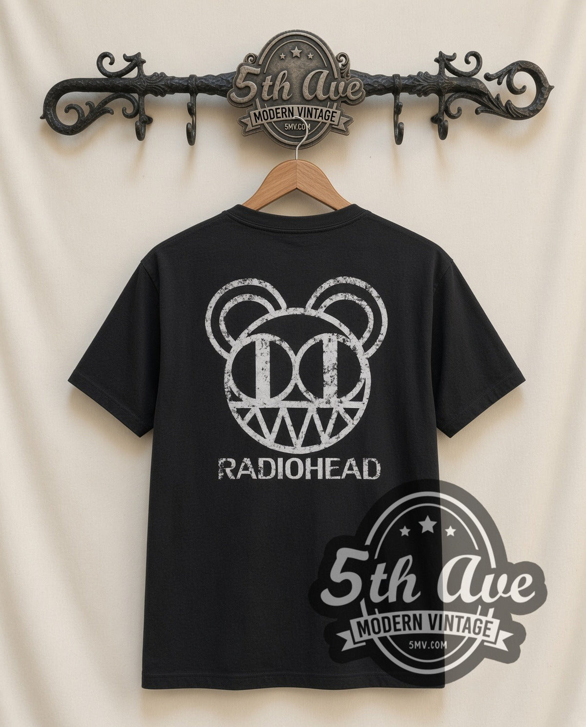 Radiohead Pablo Honey Tour vintage band t-shirt in black, back view on a display rack