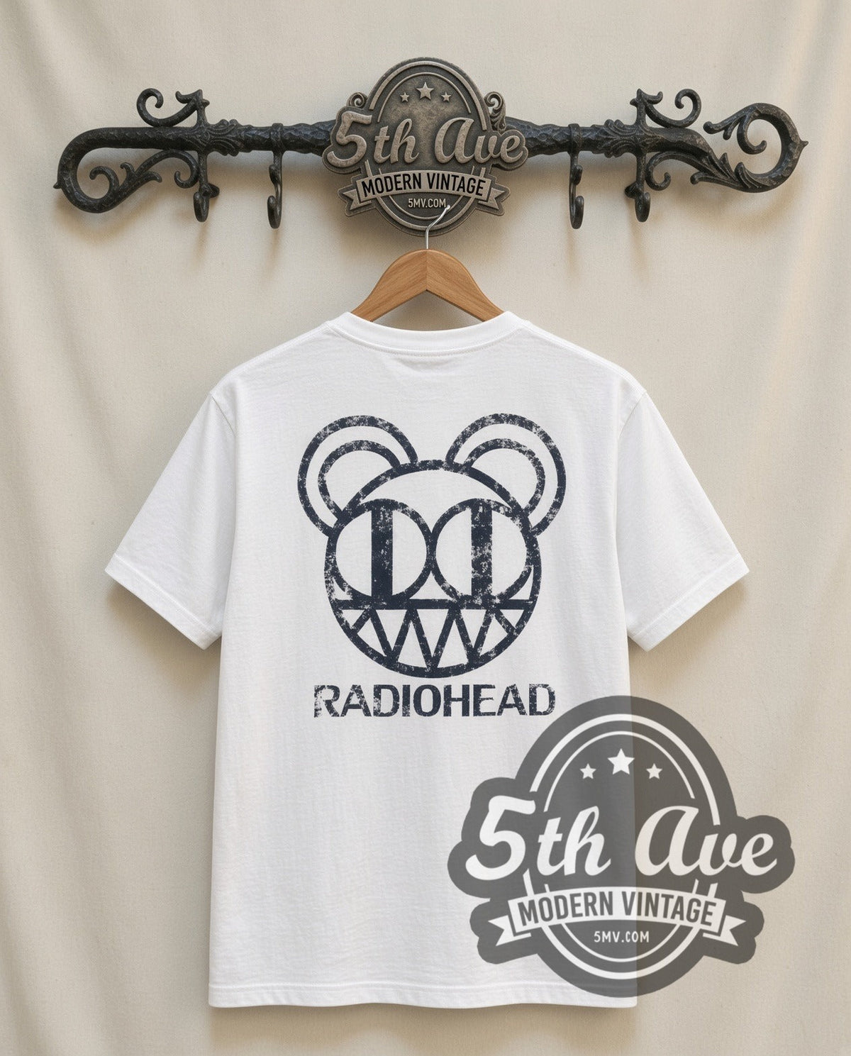 Radiohead Pablo Honey Tour vintage band t-shirt in white, back view on the 5MV rack