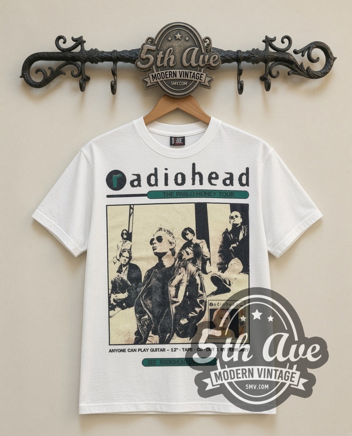 Radiohead Pablo Honey Tour vintage band t-shirt in white, front view on the 5MV rack
