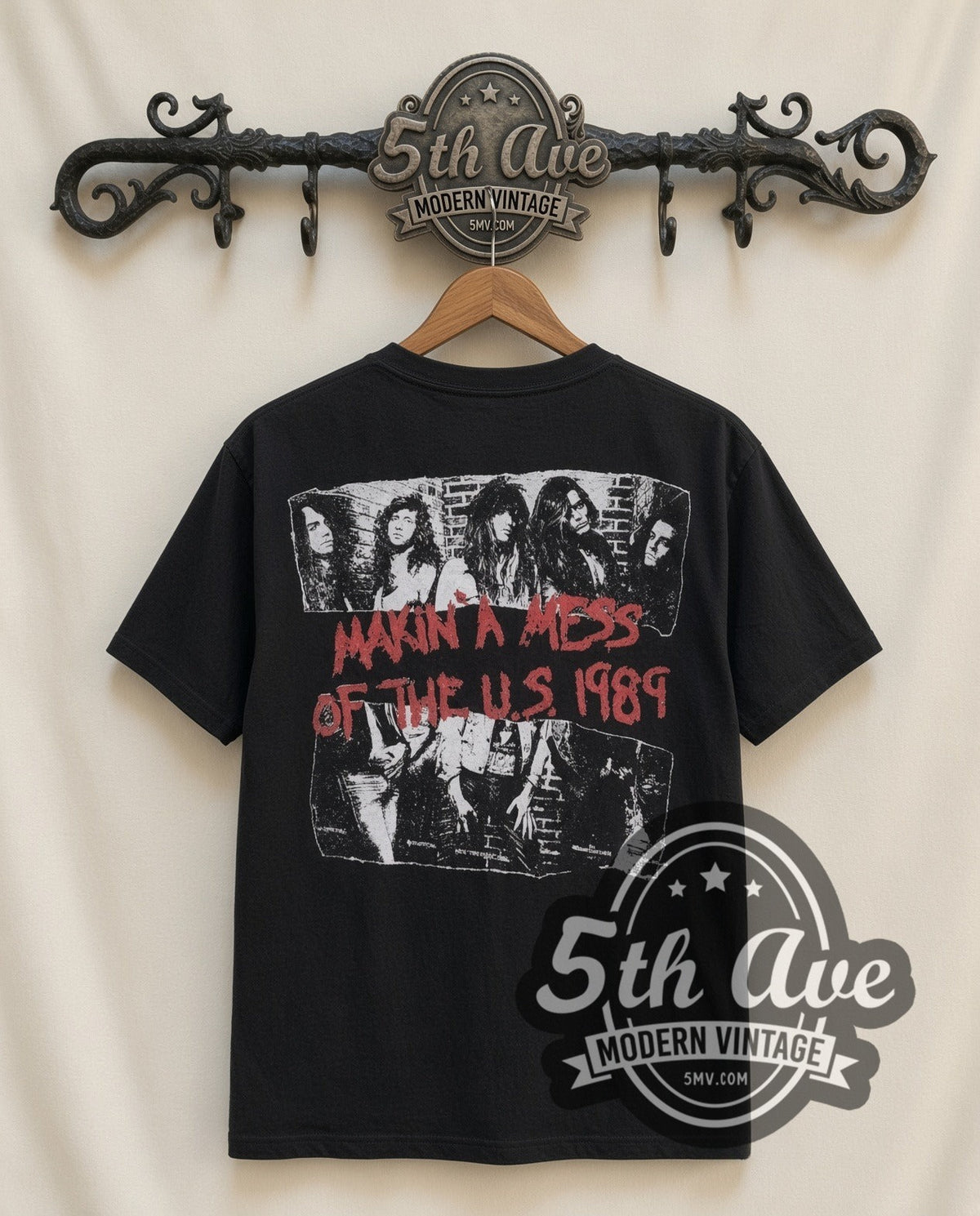 Skid Row Red Logo vintage band t-shirt, back view on a display rack