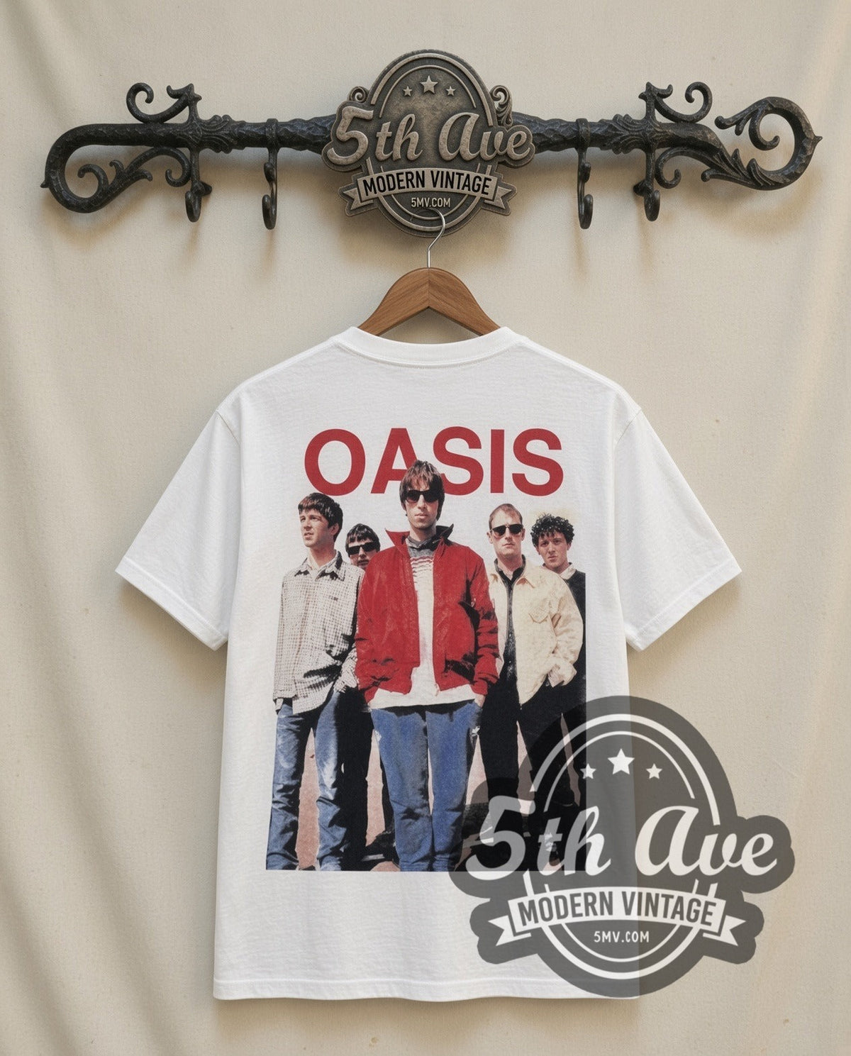 Oasis Tour Calendar vintage band t-shirt in white, back view on a display rack