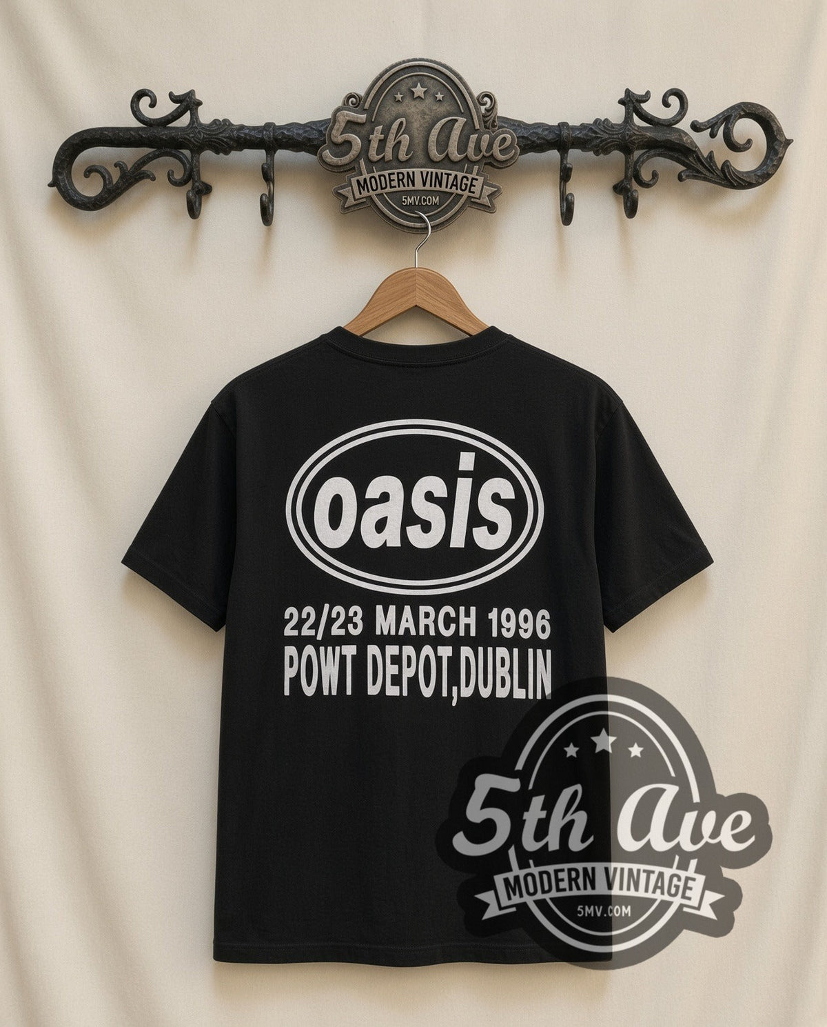 Oasis Liam Mic vintage band t-shirt in black, back view on the 5MV rack