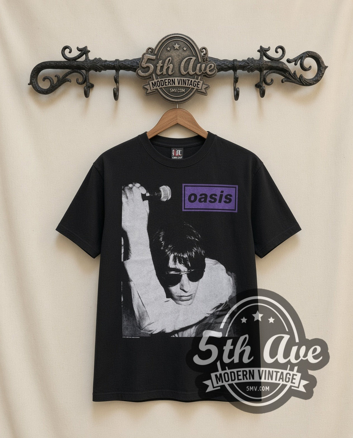 Oasis Liam Mic vintage band t-shirt in black, front view on the 5MV rack